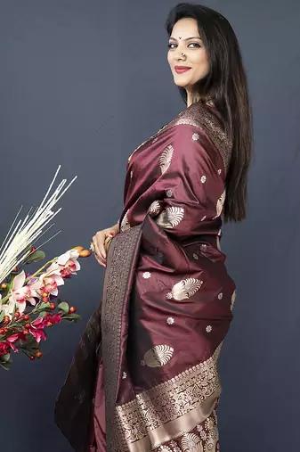 Maroon banarasi silk blend saree with zari weaving