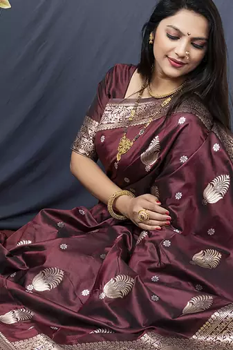 Maroon banarasi silk blend saree with zari weaving