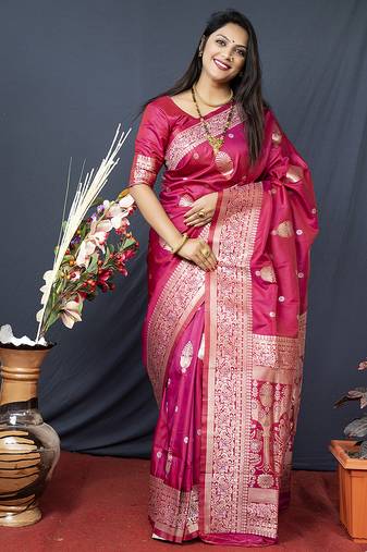 Rani pink banarasi silk blend saree with zari weaving