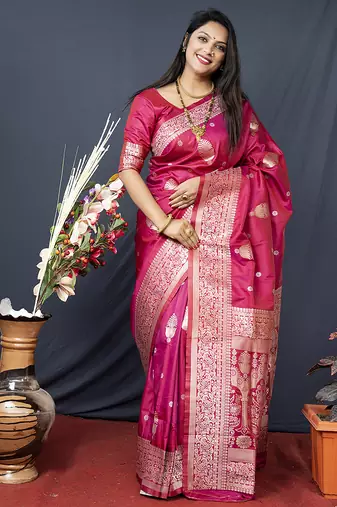 Rani pink banarasi silk blend saree with zari weaving
