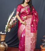 Rani pink banarasi silk blend saree with zari weaving
