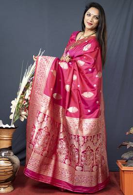 Rani pink banarasi silk blend saree with zari weaving 2