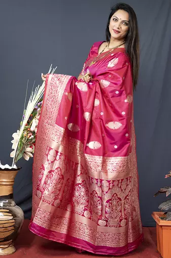 Rani pink banarasi silk blend saree with zari weaving