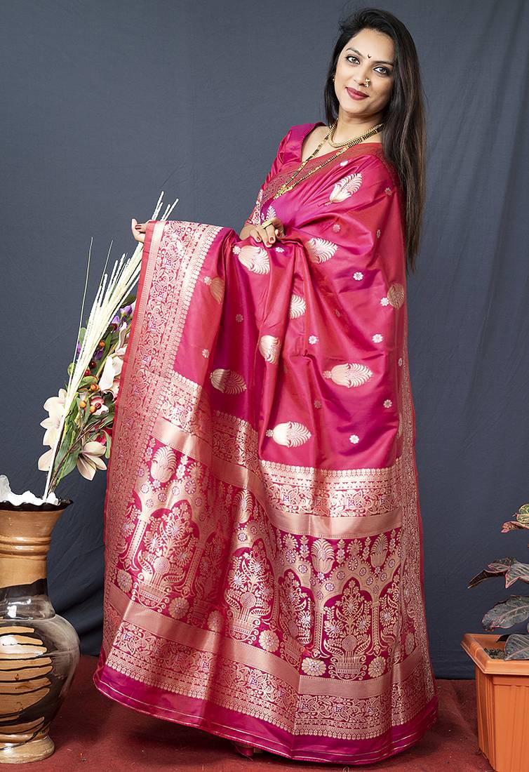Rani pink banarasi silk blend saree with zari weaving