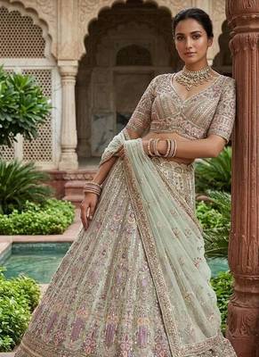light green Embroidery Sequins Net Lehenga Choli Set 1