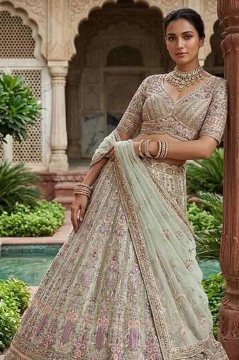 light green Embroidery Sequins Net Lehenga Choli Set