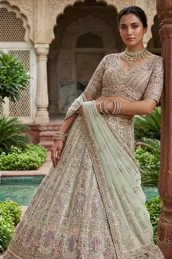light green Embroidery Sequins Net Lehenga Choli Set