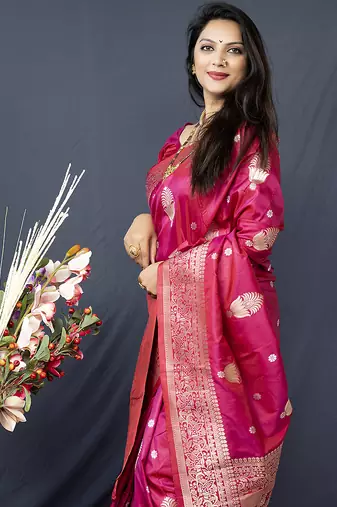 Rani pink banarasi silk blend saree with zari weaving