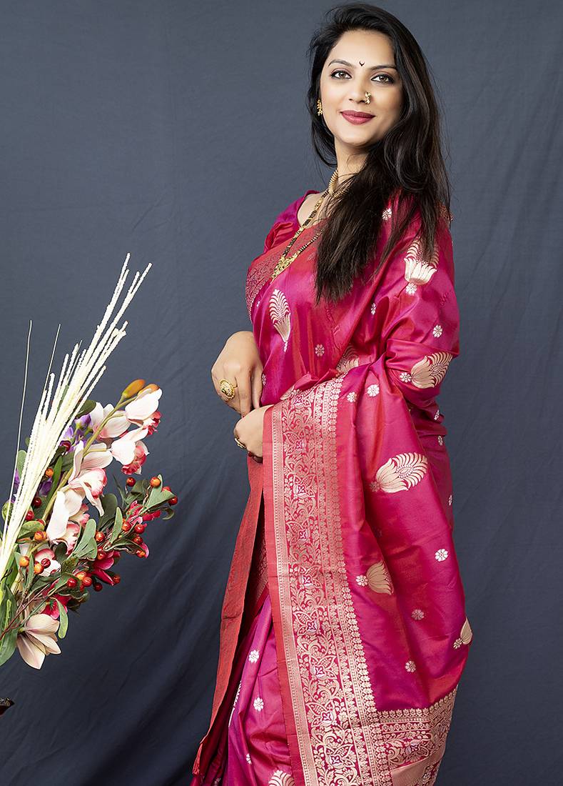 Rani pink banarasi silk blend saree with zari weaving