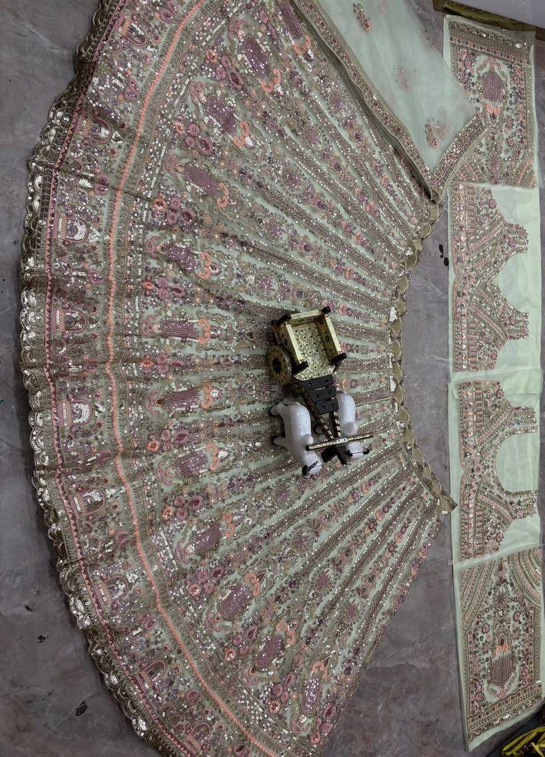 light green Embroidery Sequins Net Lehenga Choli Set