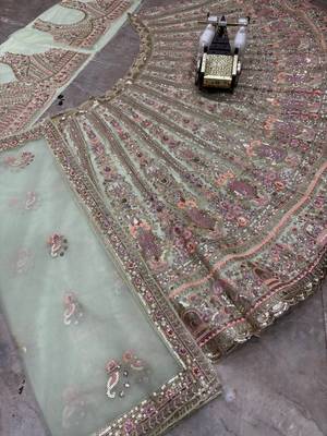 light green Embroidery Sequins Net Lehenga Choli Set 3