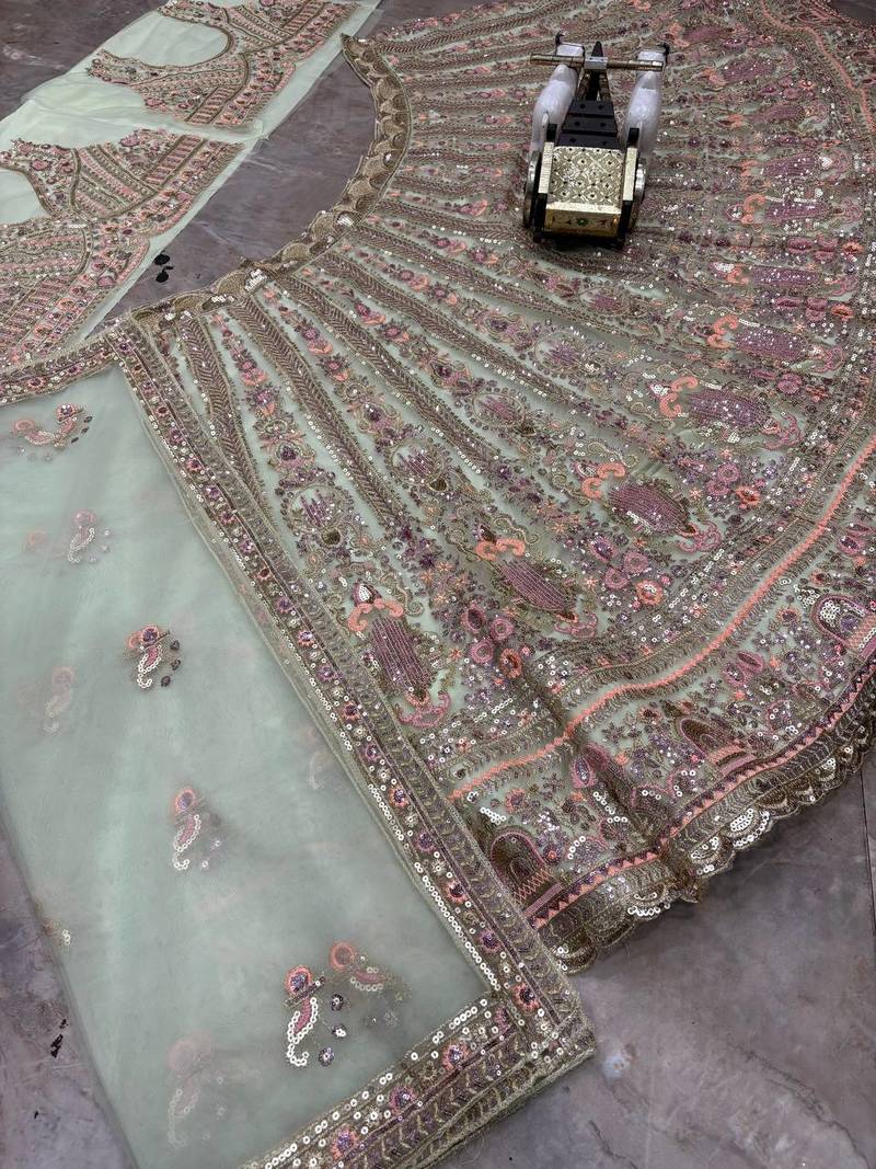 light green Embroidery Sequins Net Lehenga Choli Set