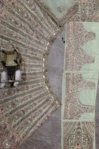 light green Embroidery Sequins Net Lehenga Choli Set