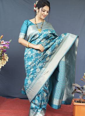 Aqua blue banarasi silk blend saree with floral zari weaving 1