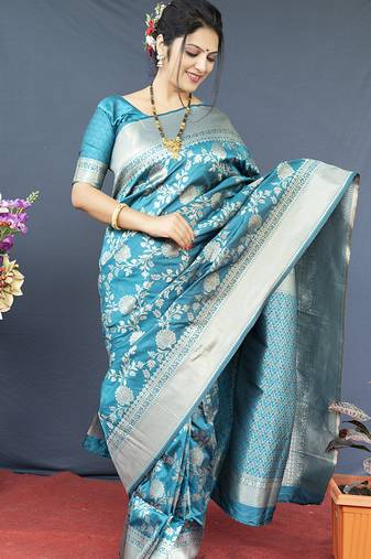 Aqua blue banarasi silk blend saree with floral zari weaving