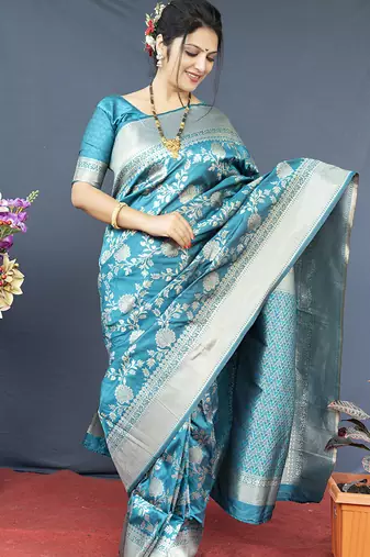 Aqua blue banarasi silk blend saree with floral zari weaving