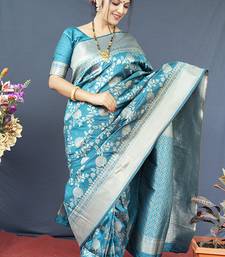 Aqua blue banarasi silk blend saree with floral zari weaving