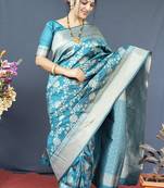 Aqua blue banarasi silk blend saree with floral zari weaving