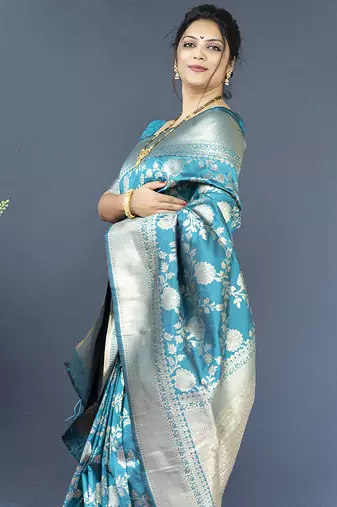 Aqua blue banarasi silk blend saree with floral zari weaving