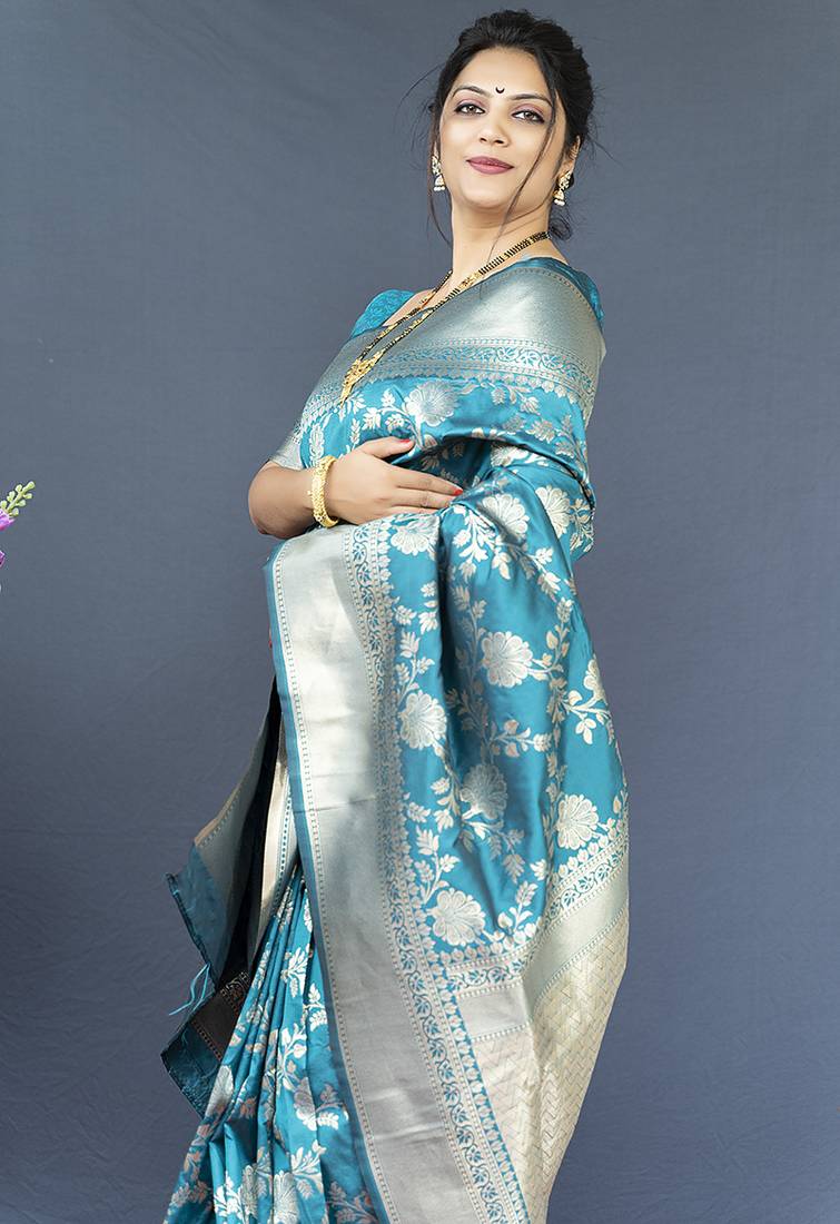 Aqua blue banarasi silk blend saree with floral zari weaving