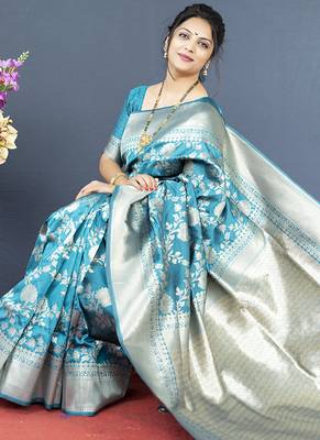 Aqua blue banarasi silk blend saree with floral zari weaving 3