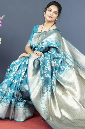 Aqua blue banarasi silk blend saree with floral zari weaving