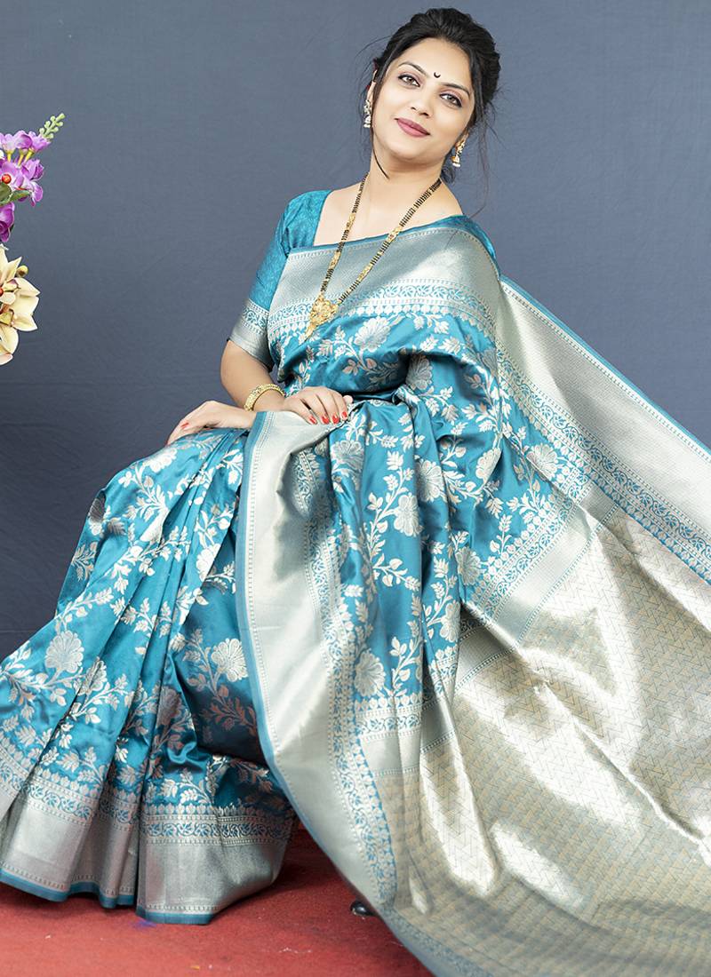 Aqua blue banarasi silk blend saree with floral zari weaving