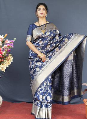 Navy blue banarasi silk blend saree with floral zari weaving 1