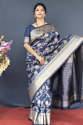 Navy blue banarasi silk blend saree with floral zari weaving