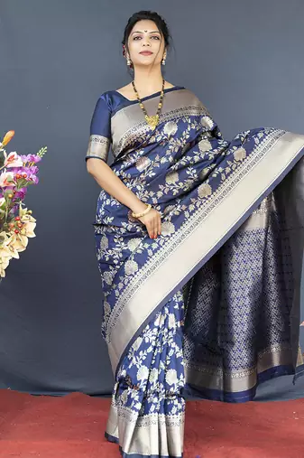 Navy blue banarasi silk blend saree with floral zari weaving