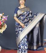 Navy blue banarasi silk blend saree with floral zari weaving