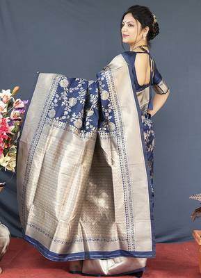 Navy blue banarasi silk blend saree with floral zari weaving 2