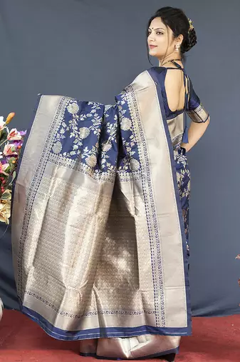Navy blue banarasi silk blend saree with floral zari weaving