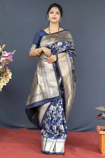 Navy blue banarasi silk blend saree with floral zari weaving