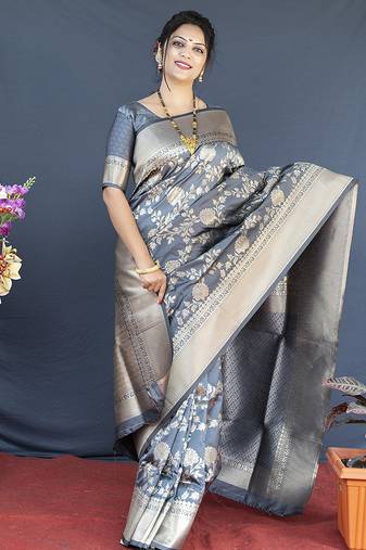 Grey banarasi silk blend saree with floral zari weaving