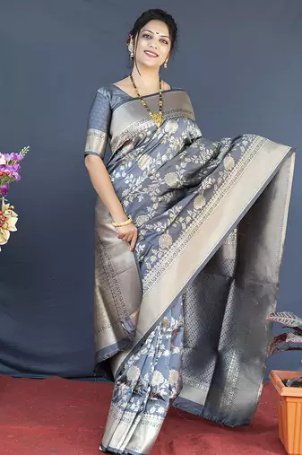 Grey banarasi silk blend saree with floral zari weaving