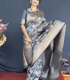 Grey banarasi silk blend saree with floral zari weaving