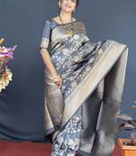 Grey banarasi silk blend saree with floral zari weaving