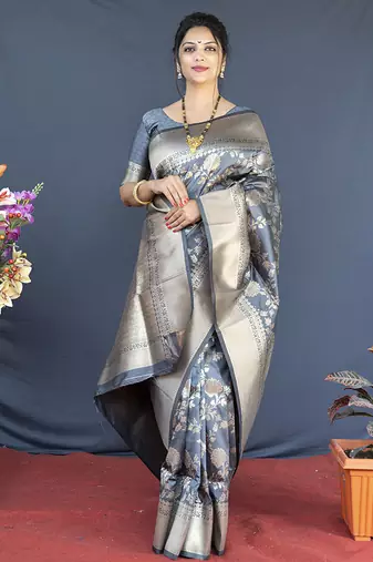 Grey banarasi silk blend saree with floral zari weaving