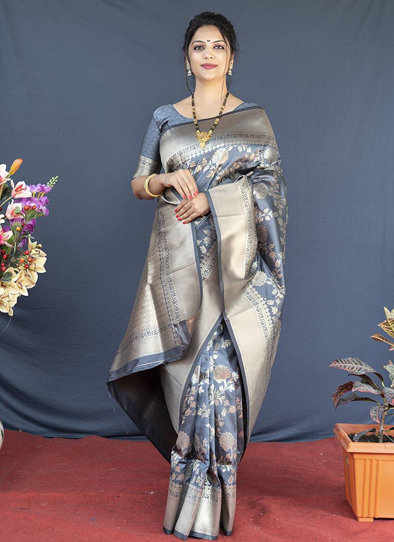 Grey banarasi silk blend saree with floral zari weaving