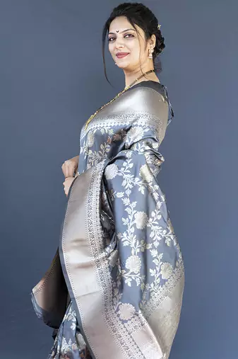 Grey banarasi silk blend saree with floral zari weaving
