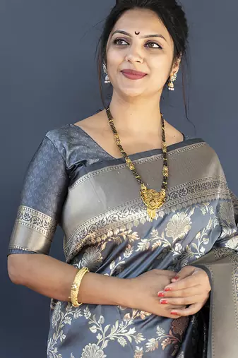 Grey banarasi silk blend saree with floral zari weaving
