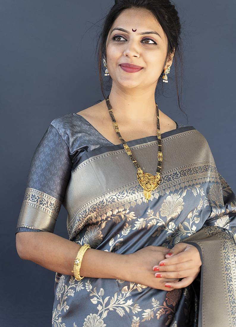 Grey banarasi silk blend saree with floral zari weaving