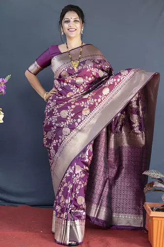 Wine banarasi silk blend saree with floral zari weaving