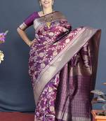 Wine banarasi silk blend saree with floral zari weaving