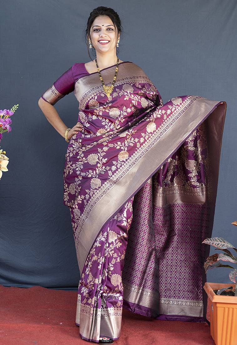 Wine banarasi silk blend saree with floral zari weaving