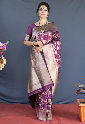 Wine banarasi silk blend saree with floral zari weaving 2
