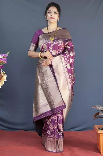 Wine banarasi silk blend saree with floral zari weaving