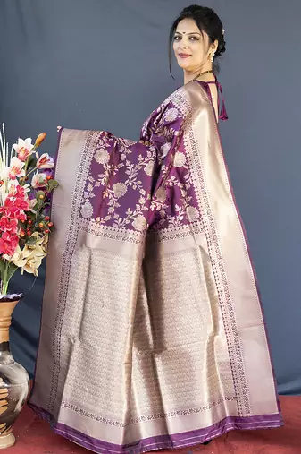 Wine banarasi silk blend saree with floral zari weaving