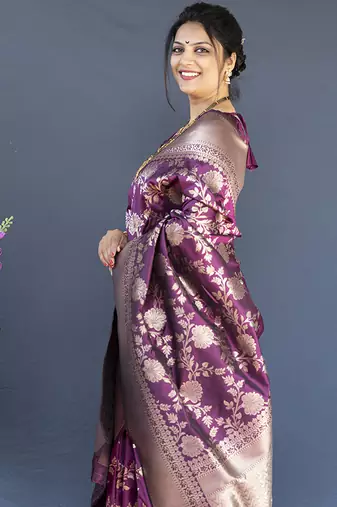 Wine banarasi silk blend saree with floral zari weaving